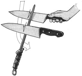 The steel polishes and refreshes the edges of the kitchen blades. It is held upright and the knife is brought down and back on alternative sides. The feel of experience retains the angle on both sides.
